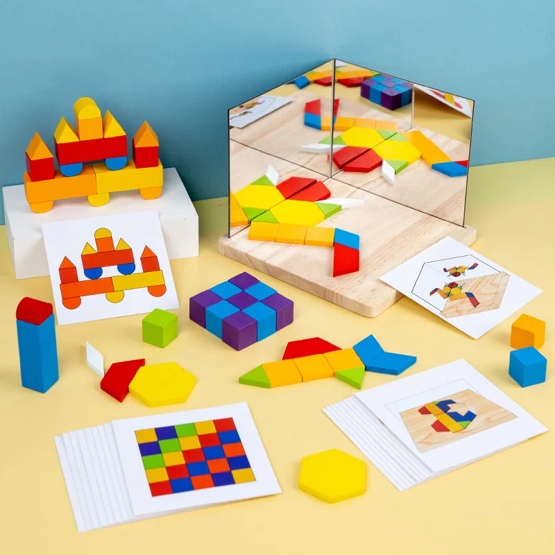 Small Blocks set with geometric wooden pieces, mirror panels, and illustrated pattern cards.
