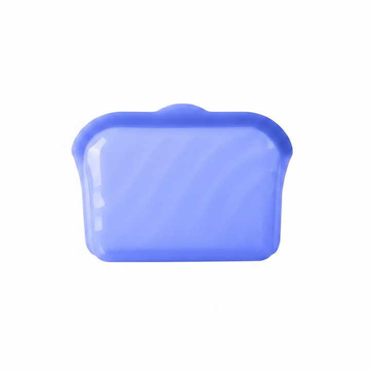 Small blue silicone food storage bag shown from the front.