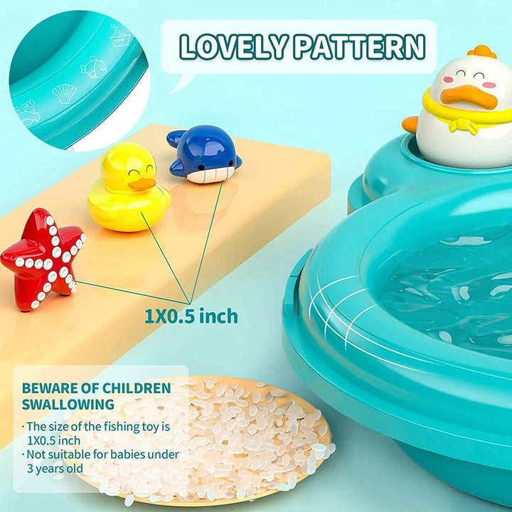 Small fishing toys beside the green sink with a 1 x 0.5 inch measurement label