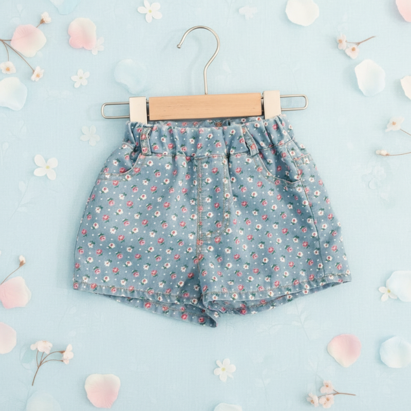 Blue small-floral shorts with an elastic waistband and side pockets