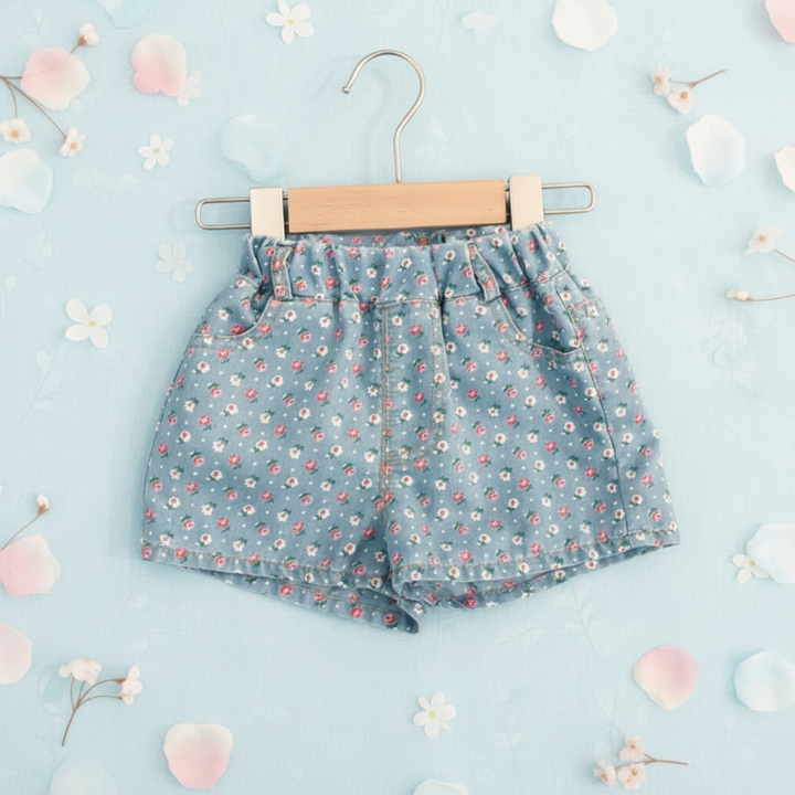 Blue small-floral shorts with an elastic waistband and side pockets