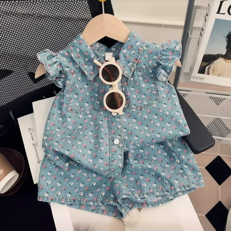 Blue small-floral collared top and matching shorts displayed with round sunglasses