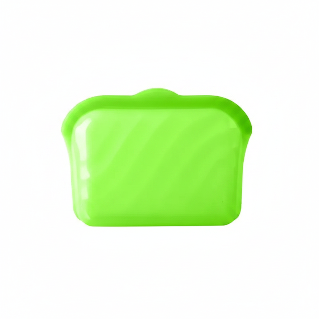 Small green silicone food storage bag with a closed top.