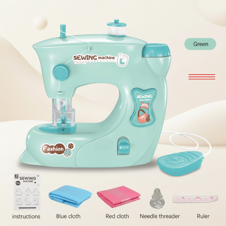 Small green toy sewing machine with controller, fabric pieces, needle threader, ruler, and instructions