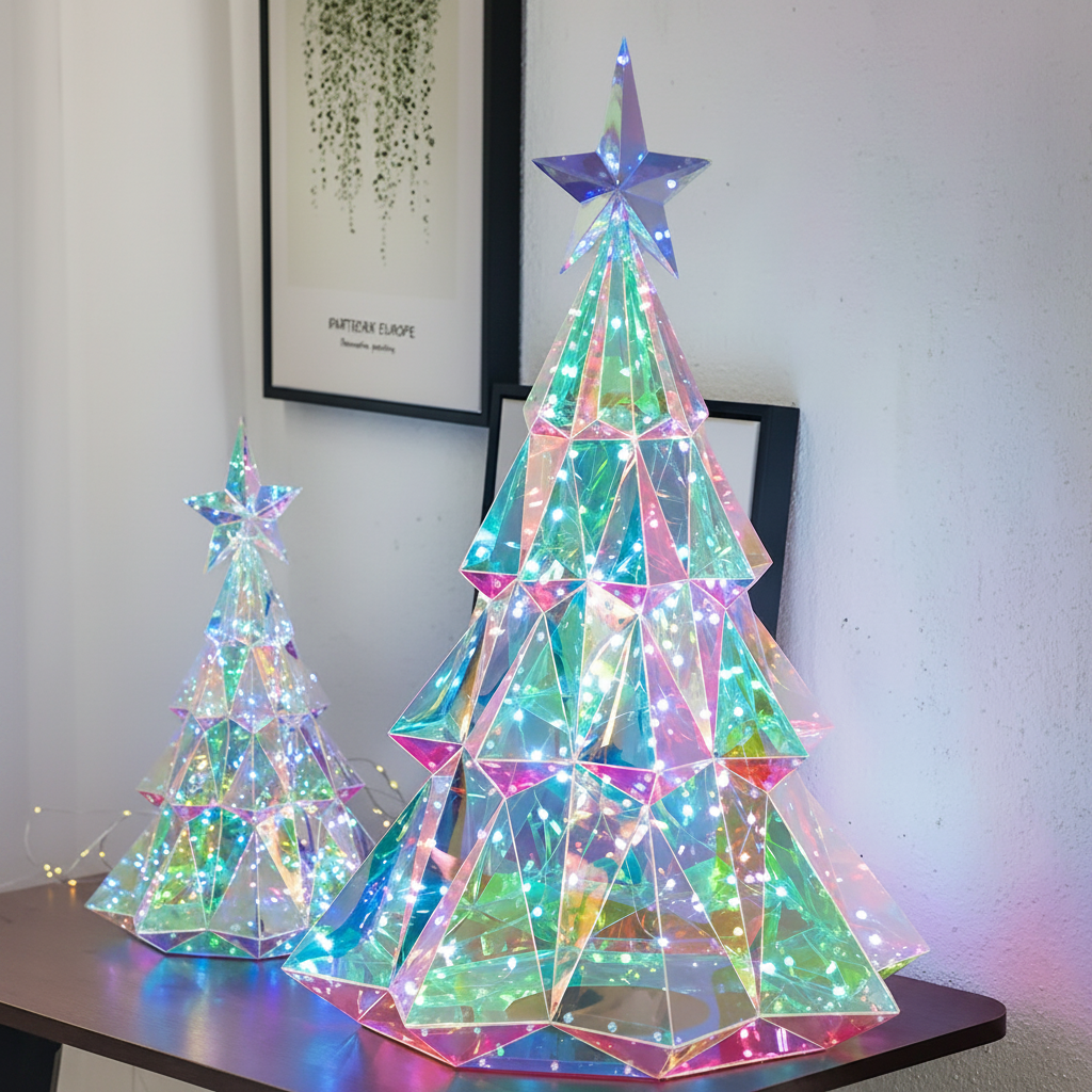 Small and large multicolor LED Christmas trees displayed together beside framed wall art