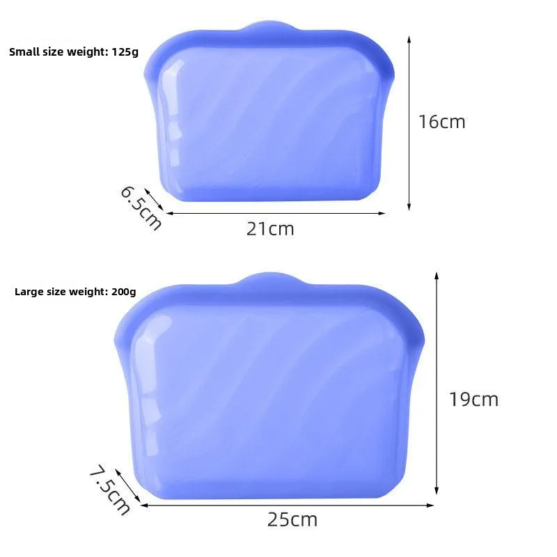 Size chart showing dimensions and weights for the small and large silicone food storage bags.