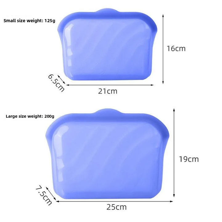Size chart showing dimensions and weights for the small and large silicone food storage bags.