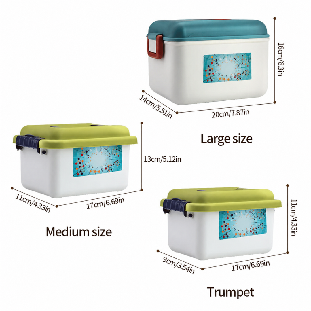Three storage box sizes with measurements for small, medium, and large boxes