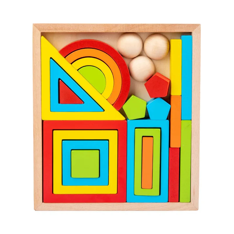Small wooden tray with nested geometric shapes, wooden balls, and colorful blocks
