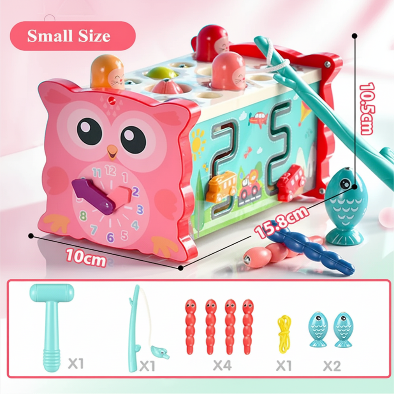 Small pink owl activity toy with measurements, hammer, fishing rod, worms, and fish