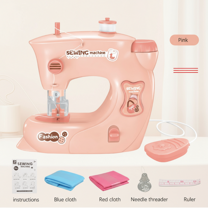 Small pink toy sewing machine with controller, fabric pieces, needle threader, ruler, and instructions