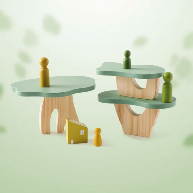 Small Tree design with green platforms, wooden supports, peg figures, and a house
