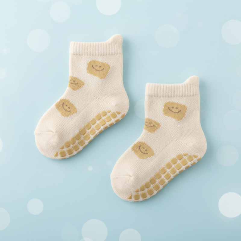 Cream baby socks with yellow smiley faces and matching yellow grip dots.