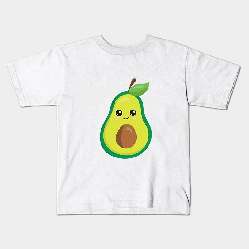 White short-sleeve T-shirt with a smiling avocado and brown pit