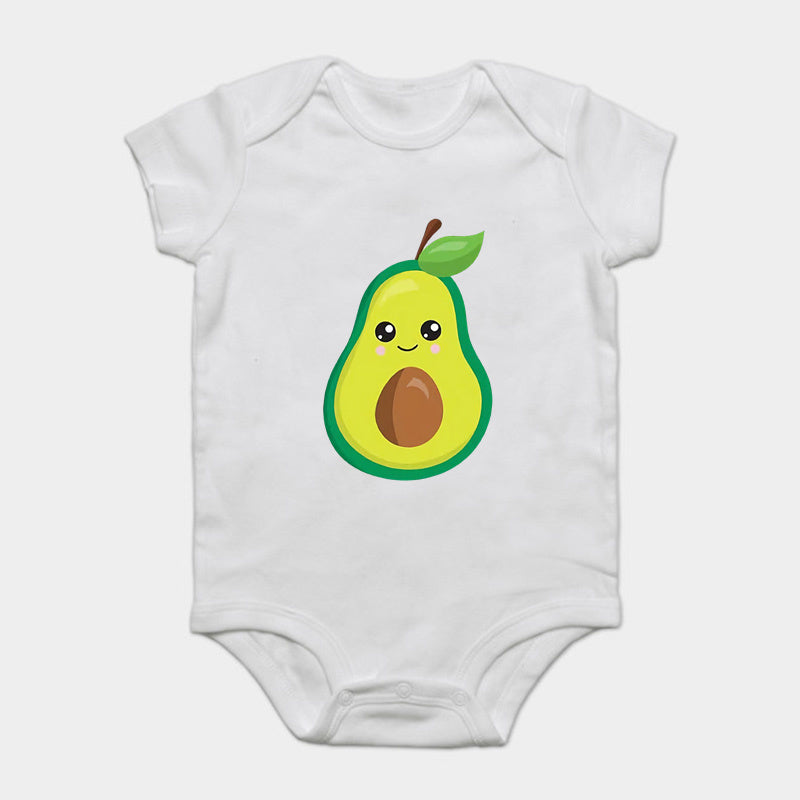 White short-sleeve baby bodysuit with a smiling avocado graphic