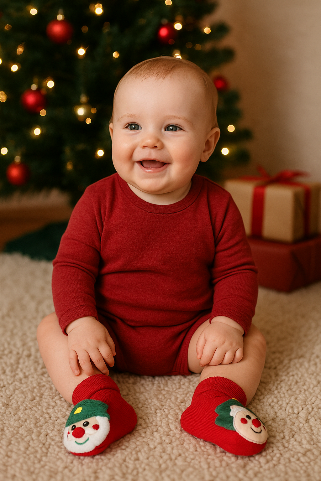 Smiling baby wearing red holiday socks with green cuffs and character faces