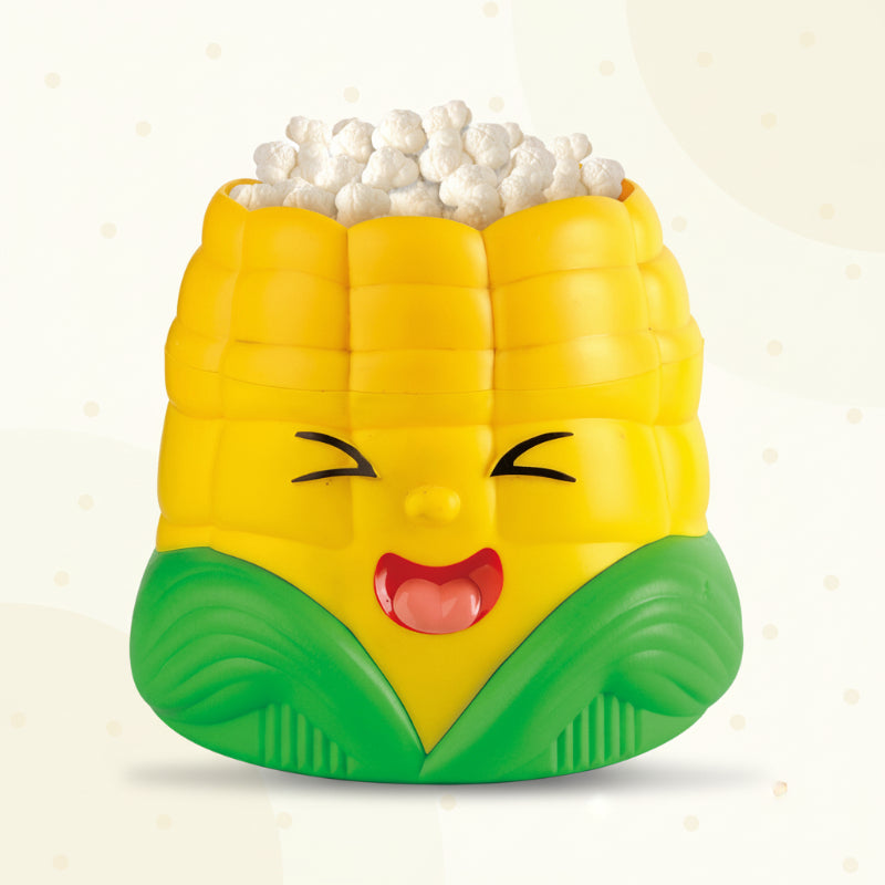 Yellow corn-shaped popcorn game unit with a smiling face and green leaf base