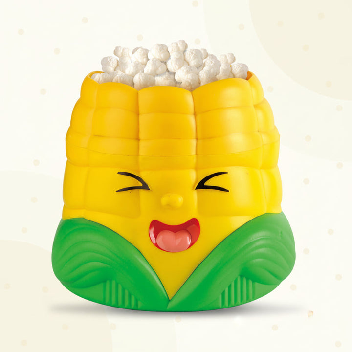 Yellow corn-shaped popcorn game unit with a smiling face and green leaf base