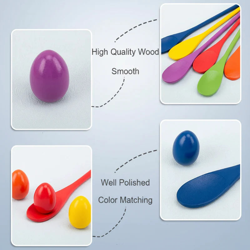 Close-up details of smooth wooden eggs and colorful spoon bowls.