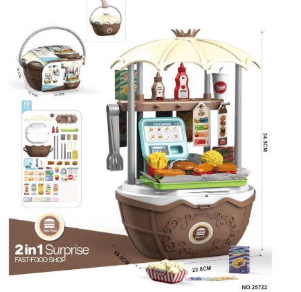 Brown snack bar play station without a trolley, with pretend food and serving tools