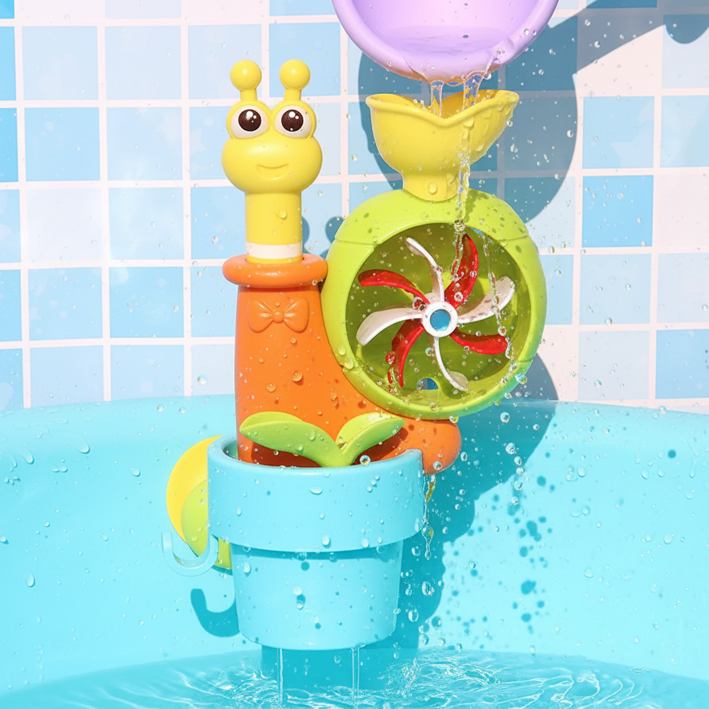 Snail bath toy with a green spinning wheel and blue bucket as water is poured in