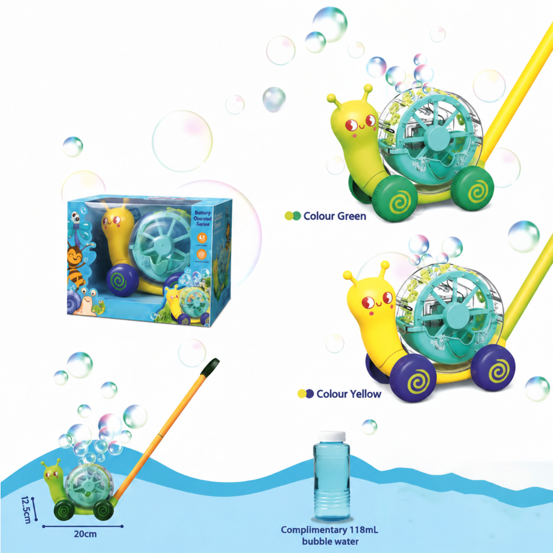 Green and yellow snail bubble blowers shown with packaging, bubble solution, and measurements