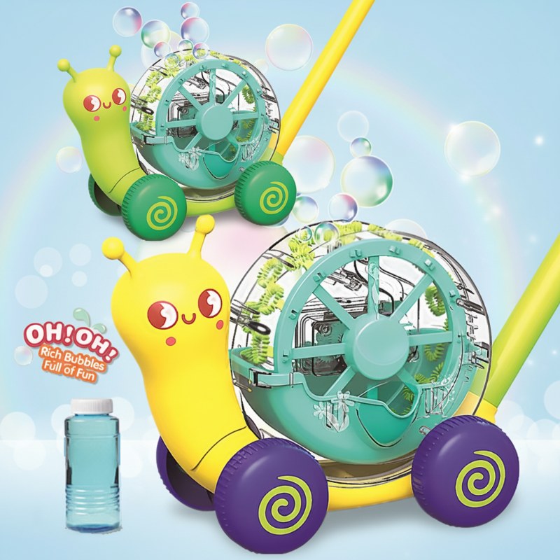 Green and yellow snail bubble blowers with push handles, clear round shells, and a bottle of bubble solution