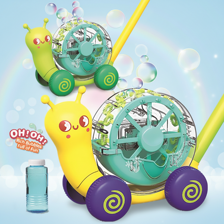 Green and yellow snail bubble blowers with push handles, clear round shells, and a bottle of bubble solution
