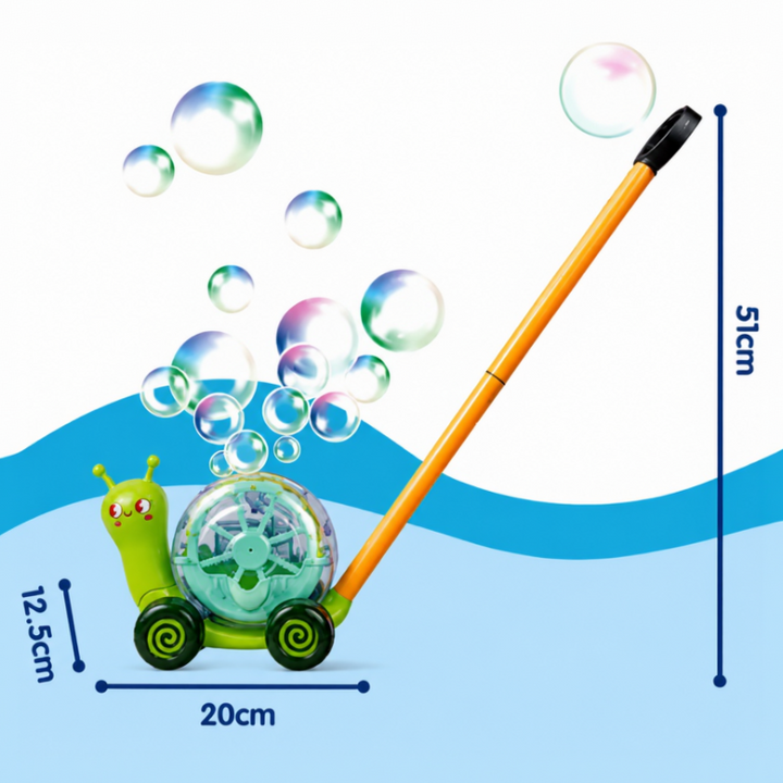 Snail bubble blower dimensions: 20 cm long, 12.5 cm body height, and 51 cm high with handle