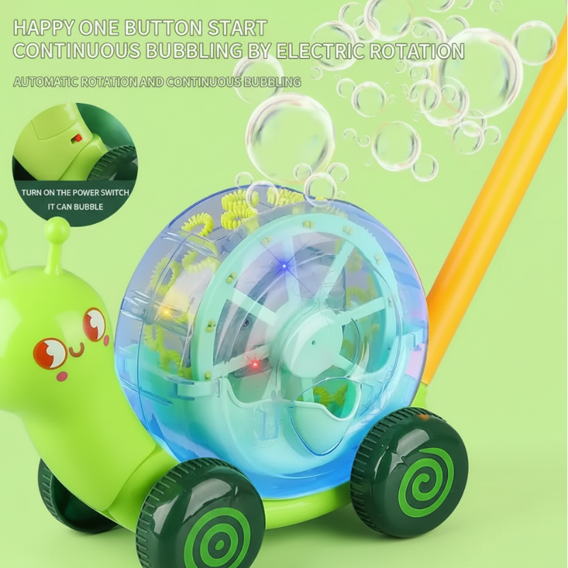 Close-up of the green snail bubble blower with an inset view of its power switch