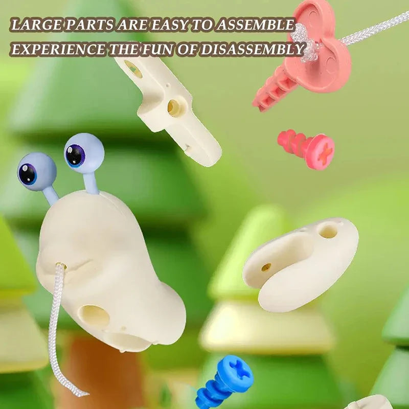Disassembled snail pull toy showing body sections, shell-shaped wheels, and plastic screws