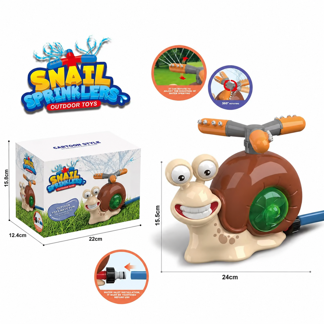 Brown and cream snail sprinkler with orange rotating spray arms and a hose connection