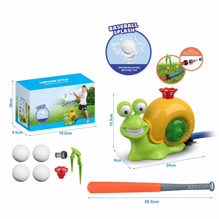 Snail-shaped sprinkler shown with an orange bat, four white balls, accessories, and a box