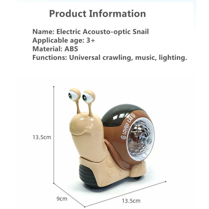 Brown snail measurement graphic showing ABS material, dimensions, and a 3+ age label