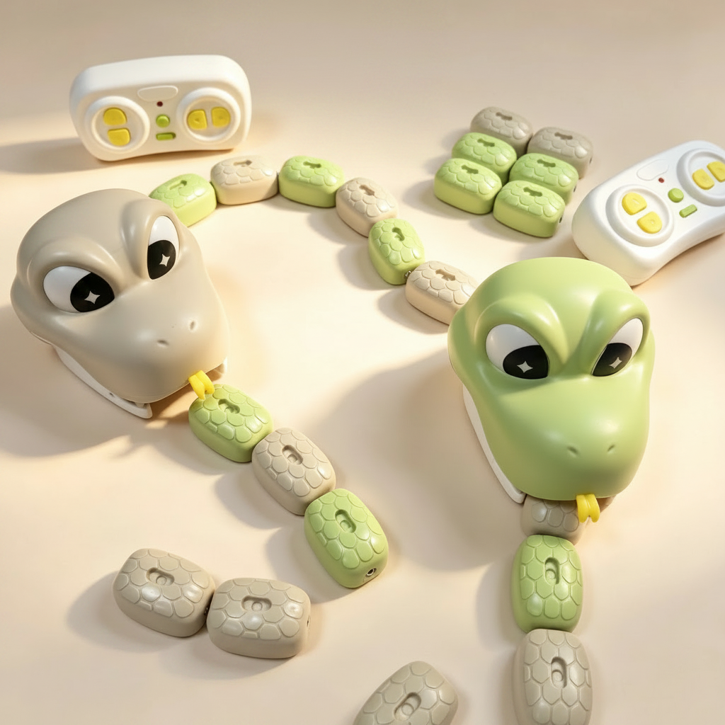 Green and beige snake toy heads beside loose body segments and wireless remotes
