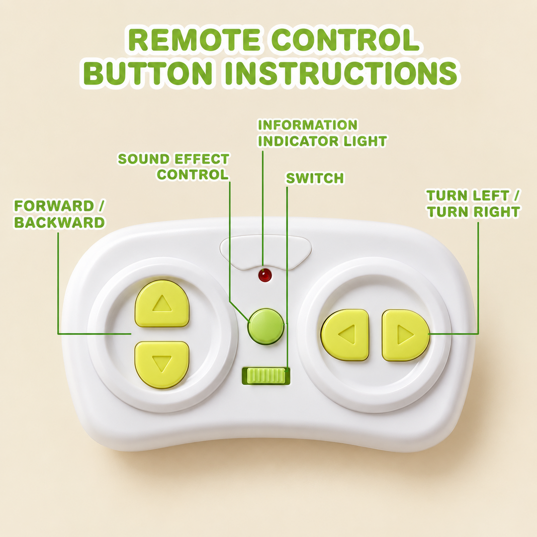 Wireless remote diagram labeling forward, reverse, left, right, sound, indicator light, and power controls