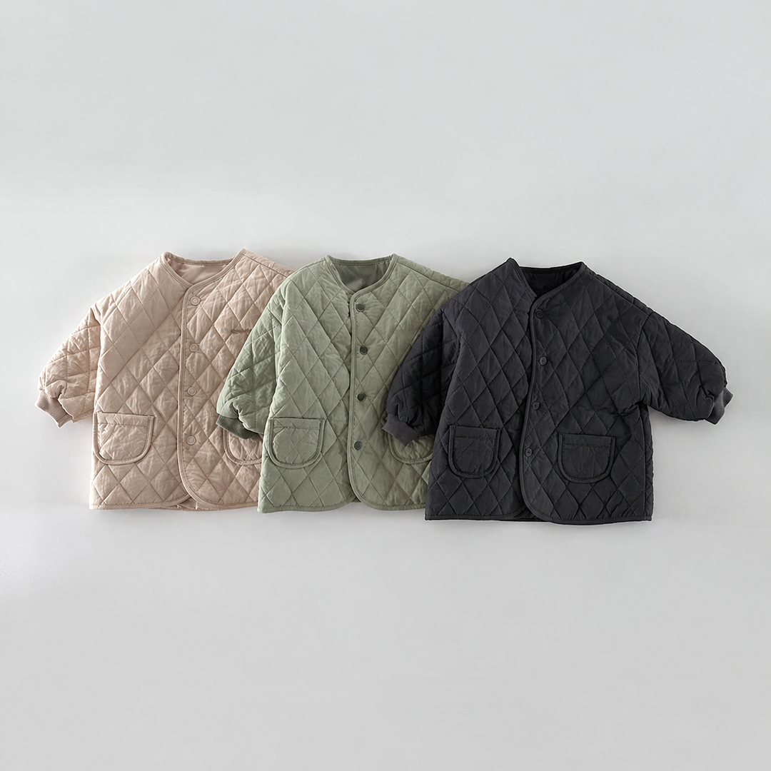 Beige, green, and black snap-front quilted jackets arranged side by side