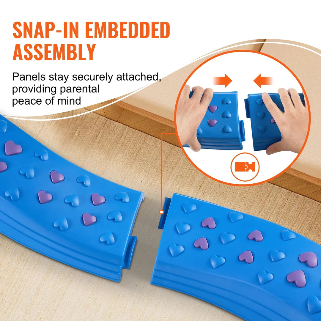 Blue balance beam sections with a close-up of hands joining the snap-in connectors