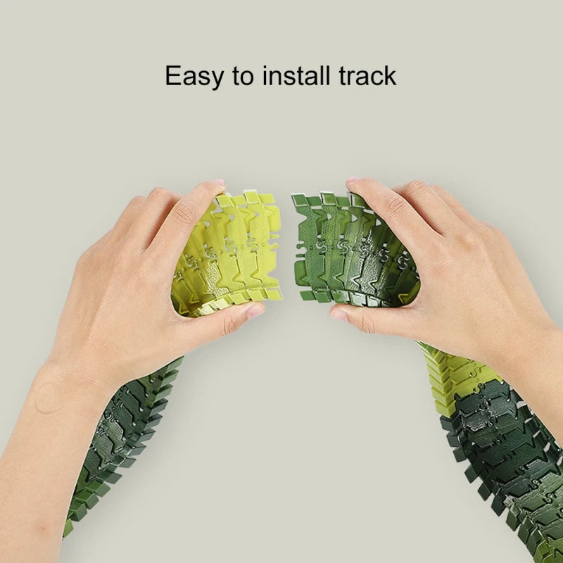 Hands connecting light and dark green snap-together race track sections