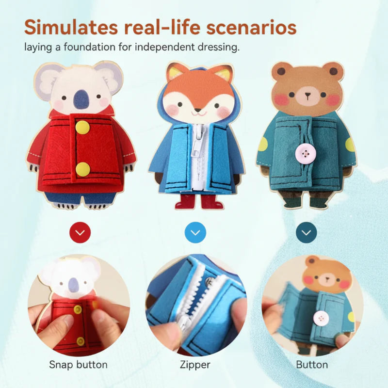 Koala snaps, fox zipper, and bear button shown with close-up fastener demonstrations