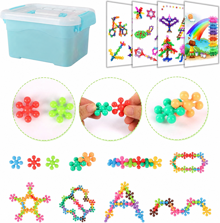 Storage box, illustrated building ideas, and examples of connected snowflake blocks