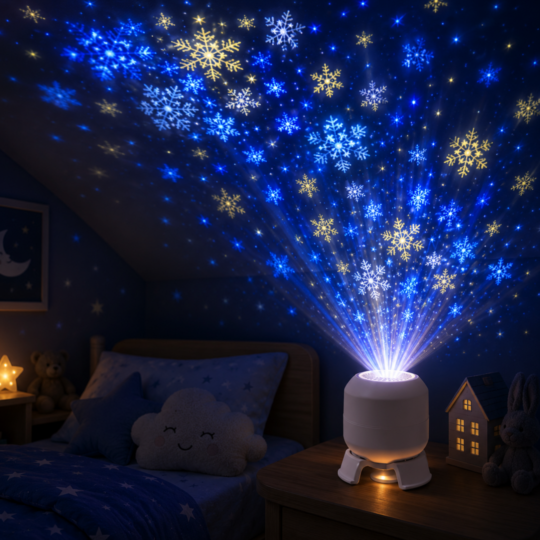 Snowflake version of the night light projecting blue and yellow snowflakes across a bedroom