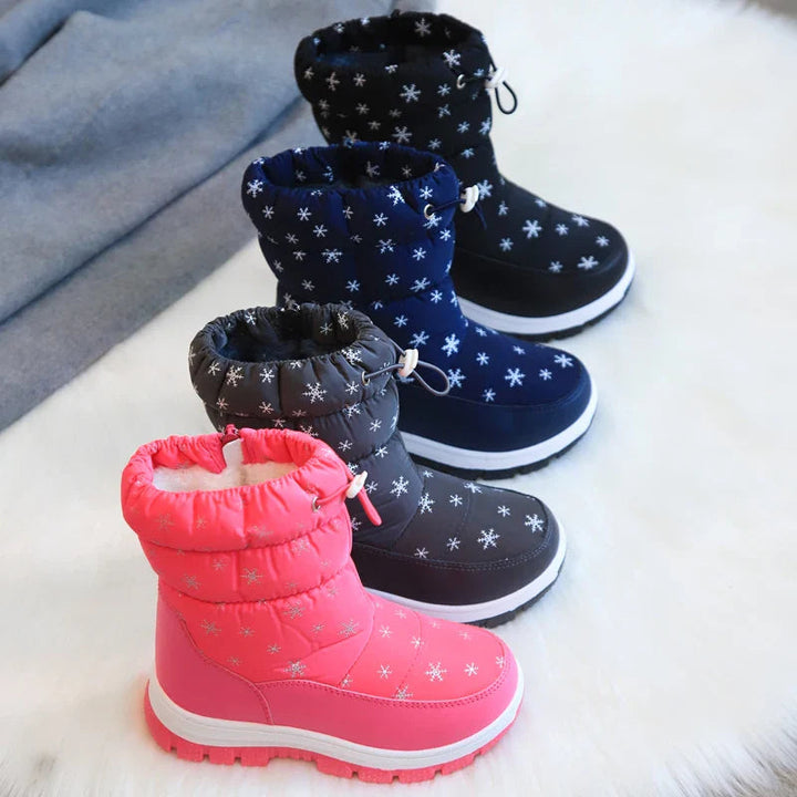 Snowflake-print winter boots in a color lineup with padded cuffs and plush lining visible