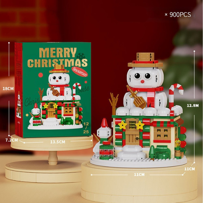 Snowman building block model with a 900-piece count, measurements, and matching box