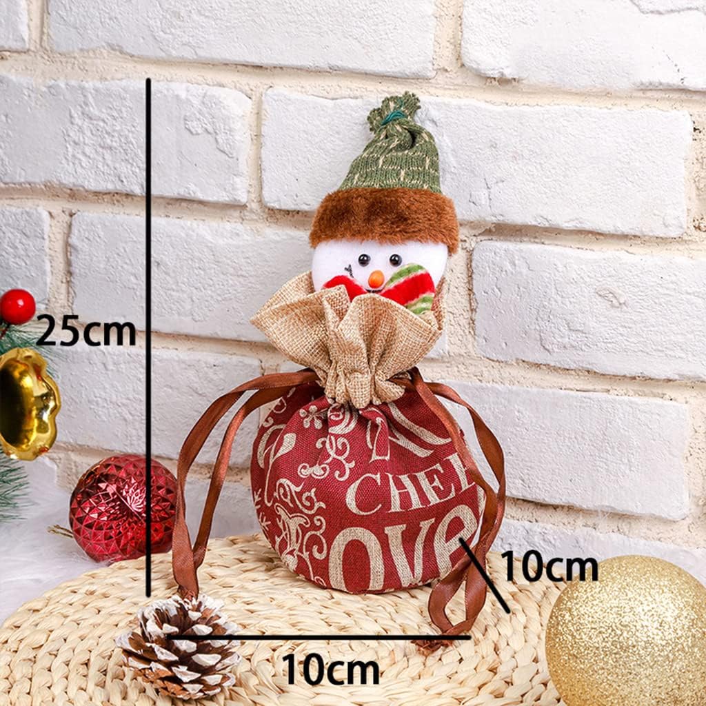 Snowman gift bag with burgundy fabric and a green hat, showing measurements of 25 × 10 × 10 cm.