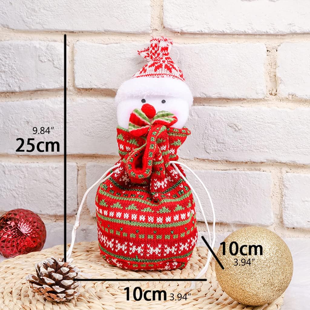 Red and green snowman gift bag with drawstrings and measurements of 25 × 10 × 10 cm.