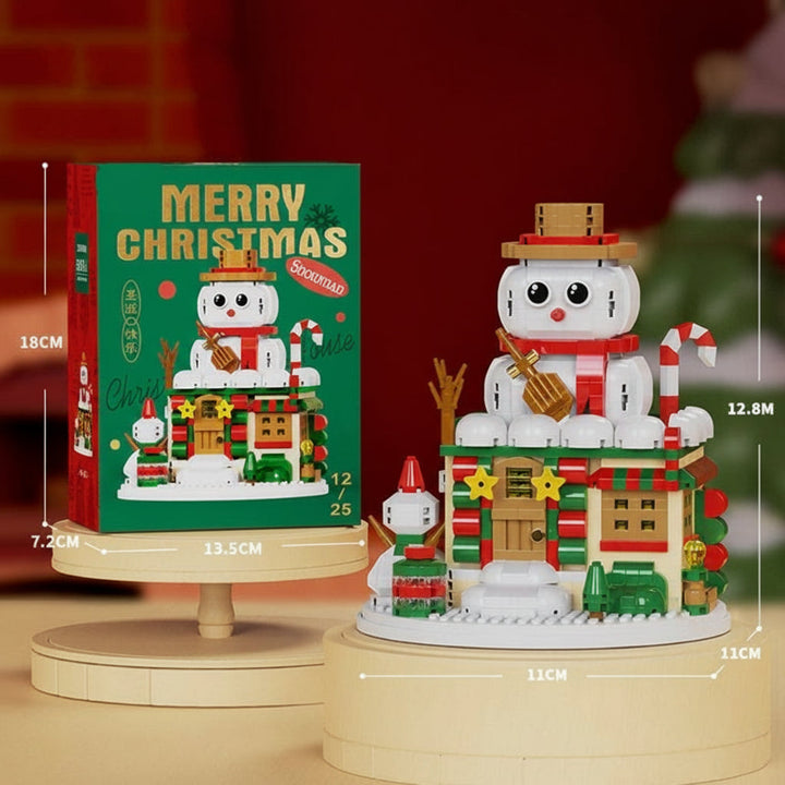 Snowman-topped Christmas block house with model and box dimensions
