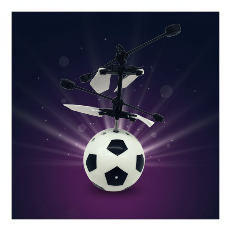 Soccer-pattern flying toy with a black-and-white ball body and stacked rotors