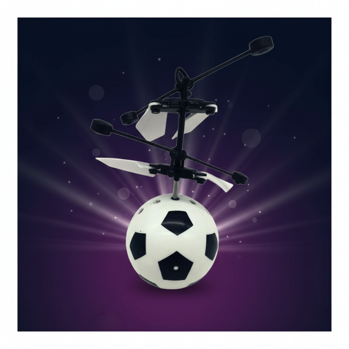 Soccer-pattern flying toy with a black-and-white ball body and stacked rotors