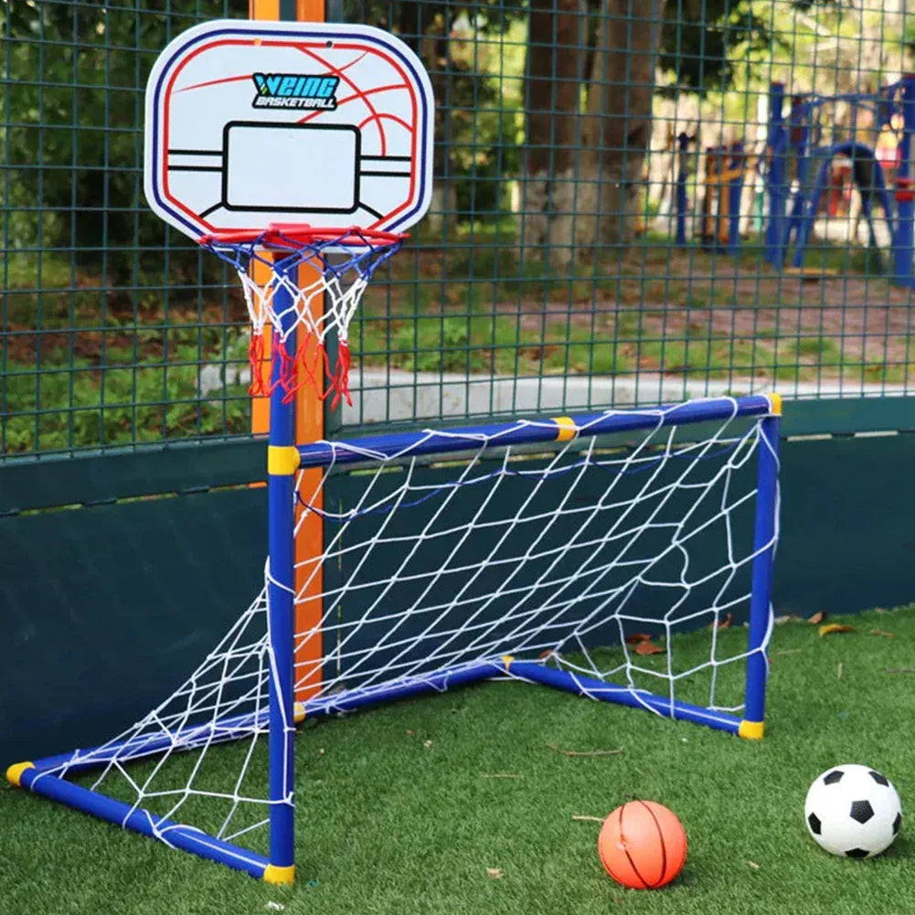 Soccer goal and basketball hoop with blue tubing, yellow connectors and two balls on grass